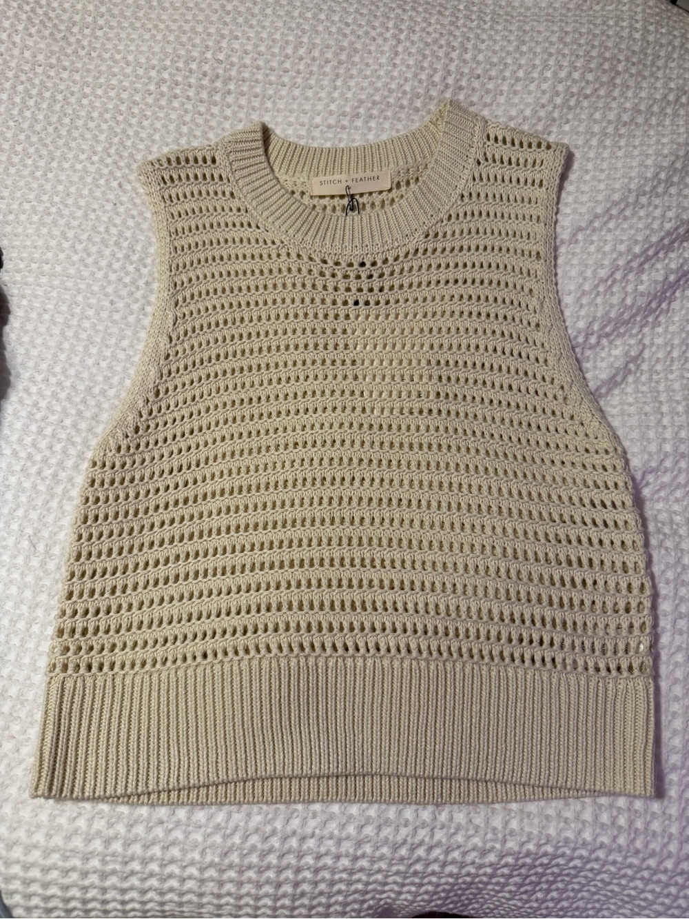 Stitch & Feather Cream Crochet Knit Sleeveless Top